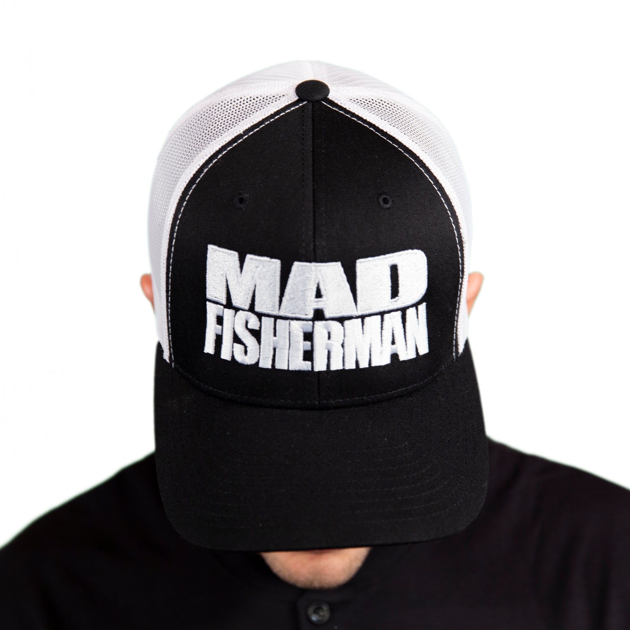 “MAD FISHERMAN” Black Snapback (white mesh)
